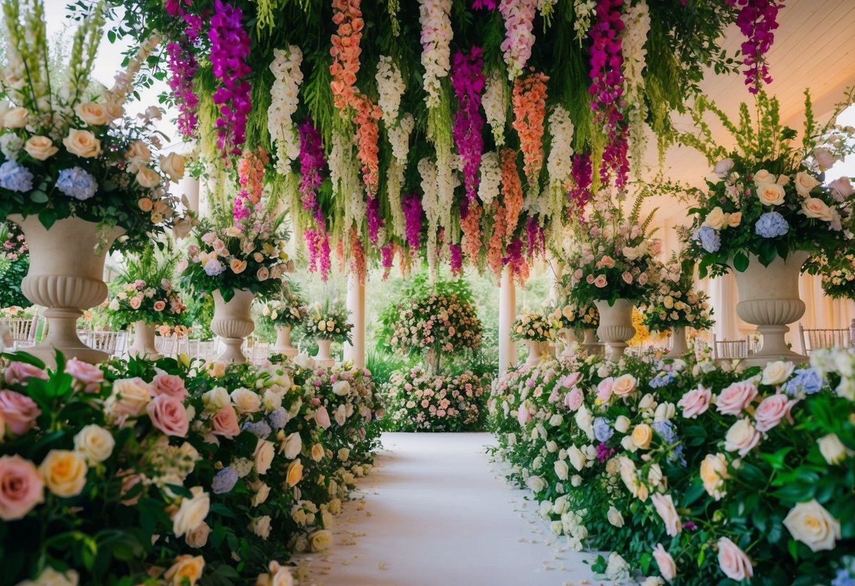 A lush garden of colorful blooms cascading from elegant vases and adorning every corner of a romantic wedding venue