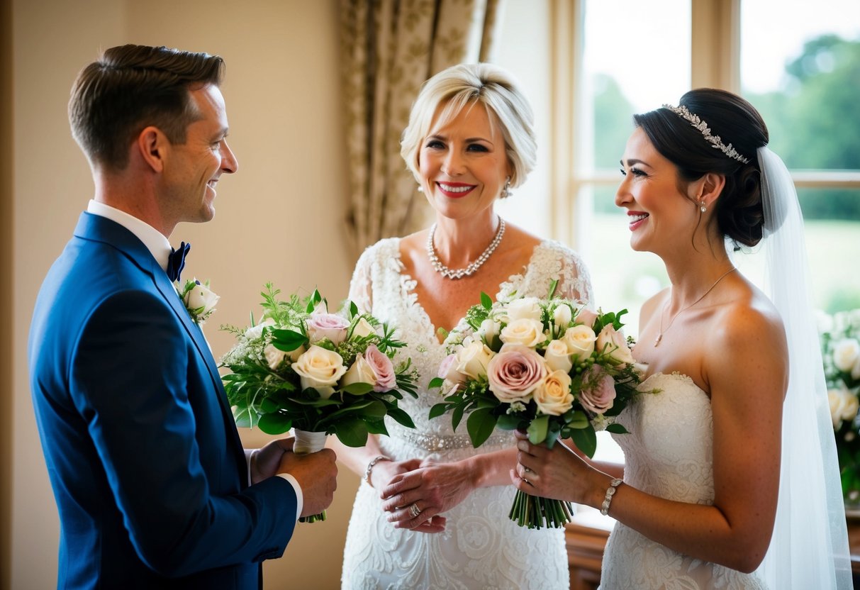 A florist presents two elegant bouquets to a smiling mother of the bride and groom