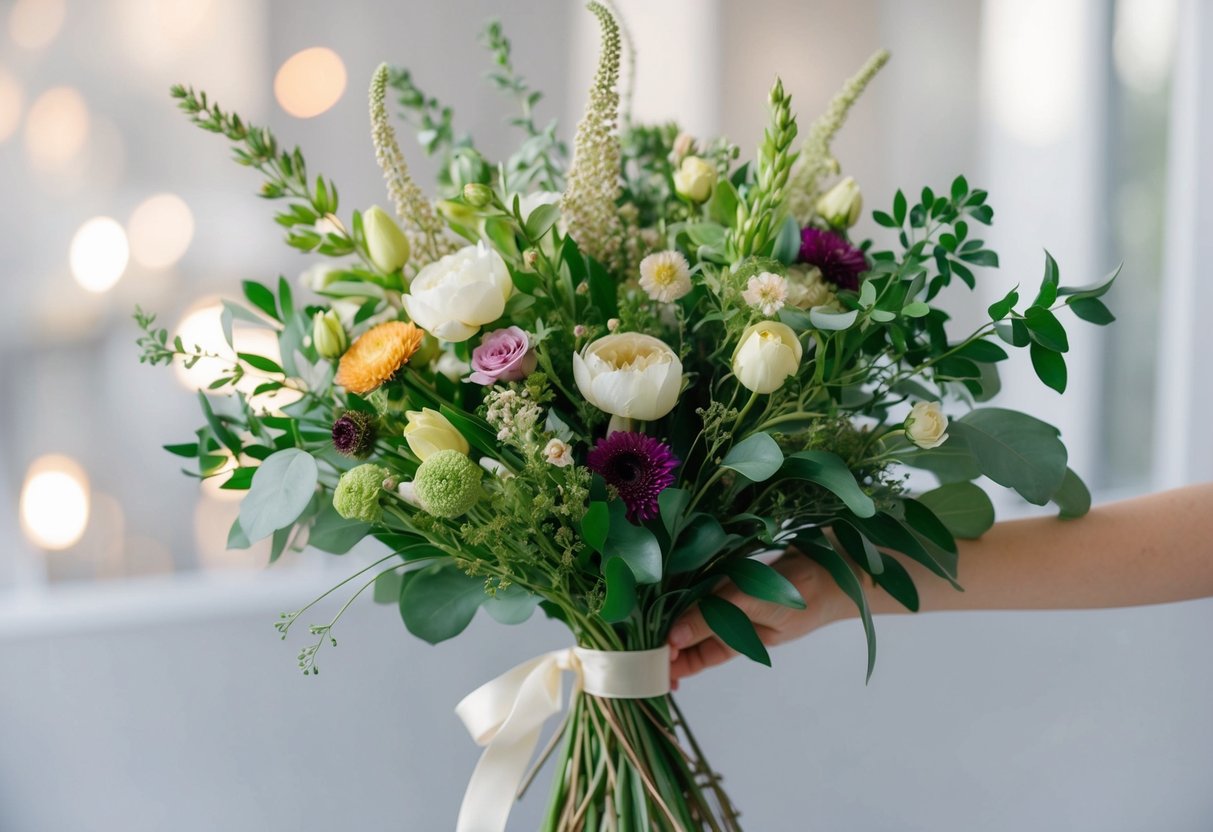 A bouquet of assorted flowers and greenery arranged in a delicate, hand-tied style, with a ribbon wrapped around the stems