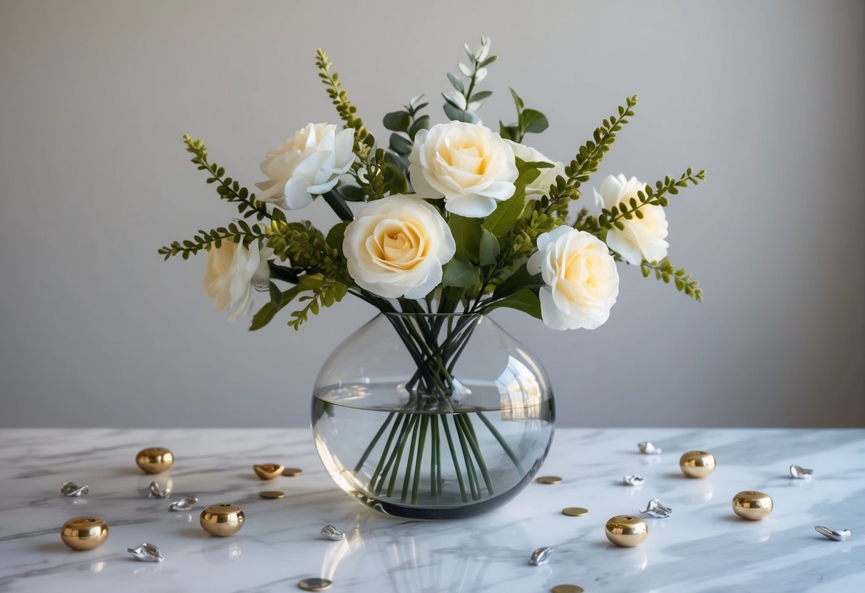 A glass vase filled with cheap fake flowers sits on a marble tabletop, surrounded by scattered gold and silver accents. The flowers are arranged in an elegant, asymmetrical manner, with a few strategically placed sprigs of greenery to add depth and texture