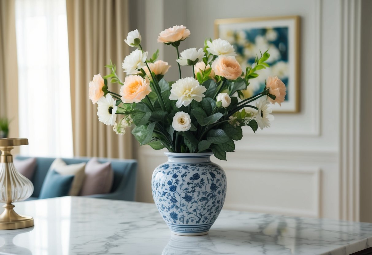 A beautifully arranged vase of cheap fake flowers on a marble countertop, surrounded by elegant decor and soft natural lighting