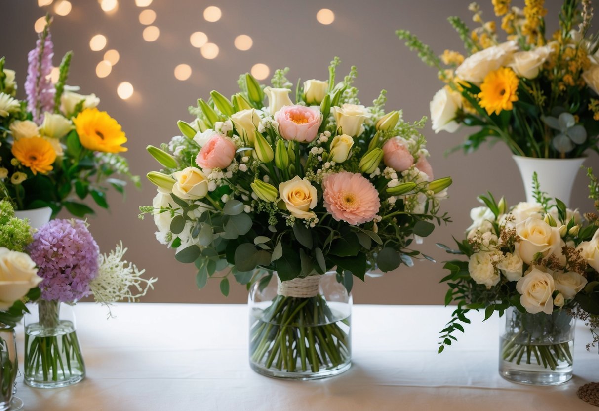 A bouquet of flowers sits on a table, surrounded by other floral arrangements and decorations