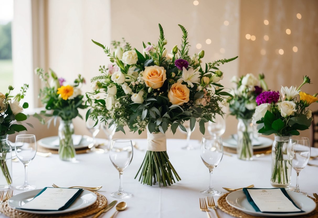 A table set with various flowers, with one prominent bouquet representing the tradition of the mother of the groom receiving flowers at a wedding