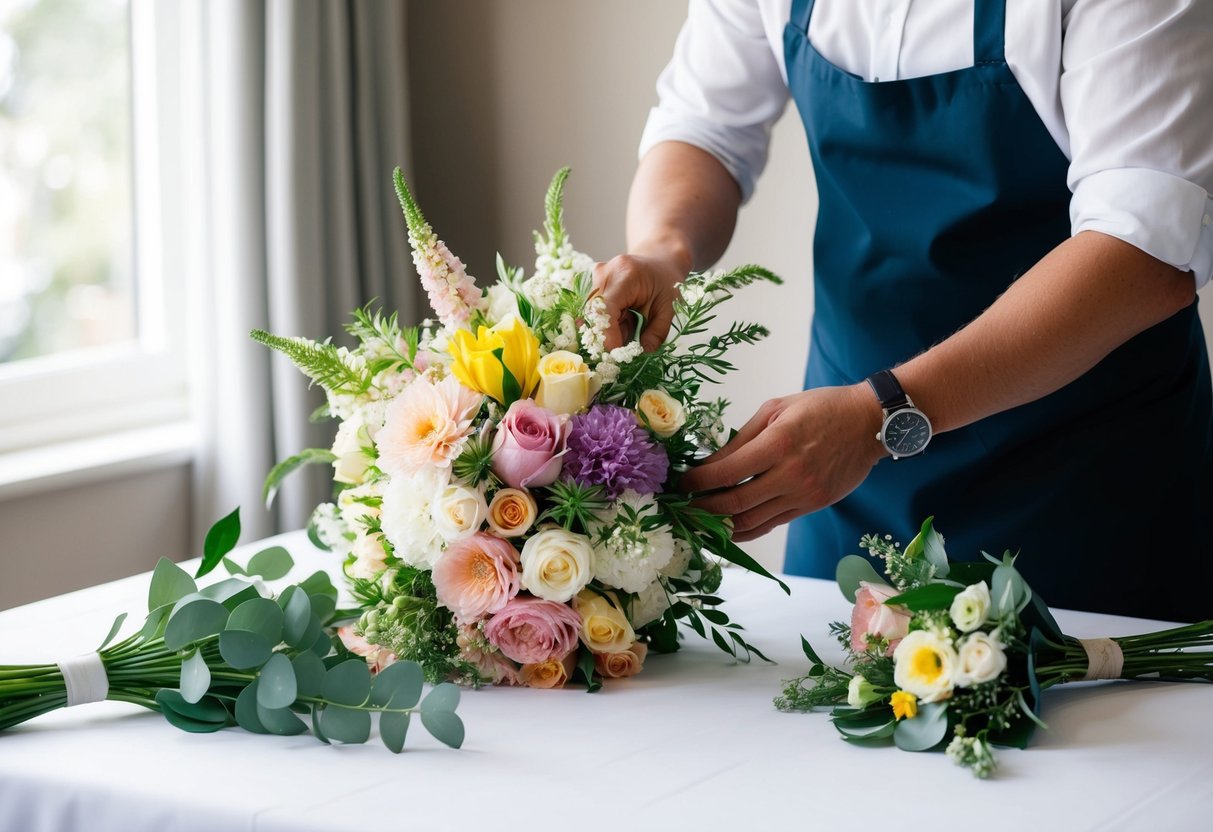 A florist arranging a delicate bouquet of flowers in a variety of colors and shapes, carefully selecting the perfect combination for the mother of the groom
