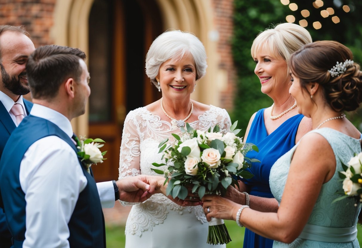 The mother of the groom receives a bouquet from the wedding party coordinator