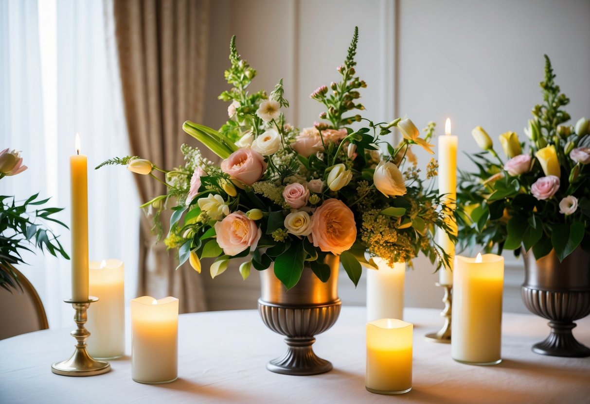 A bouquet of flowers sits on a table, surrounded by elegant vases and candles. The soft glow of the candlelight highlights the delicate petals and lush greenery