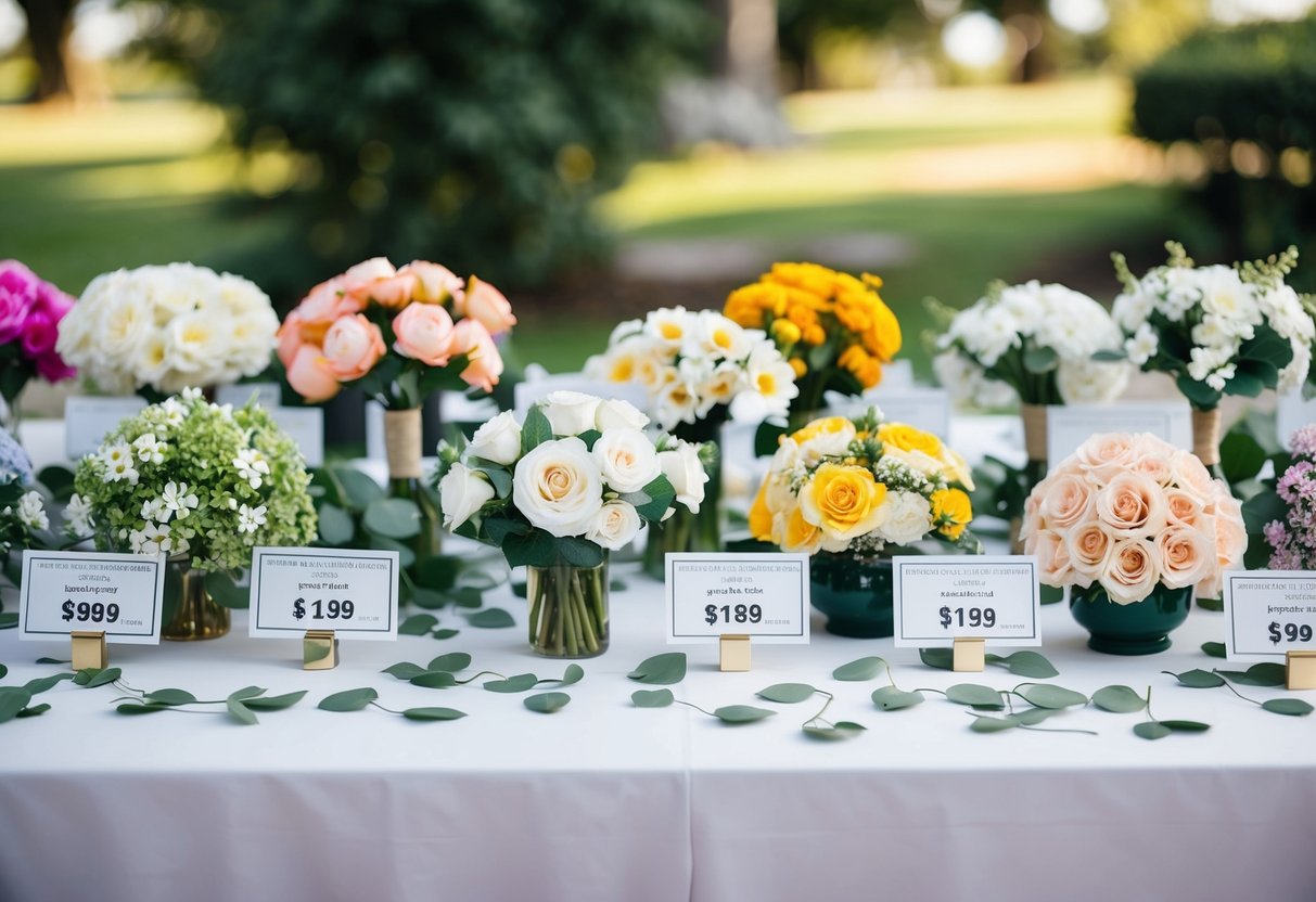 A table scattered with various fake wedding flowers in different colors and styles, with price tags displayed next to each arrangement