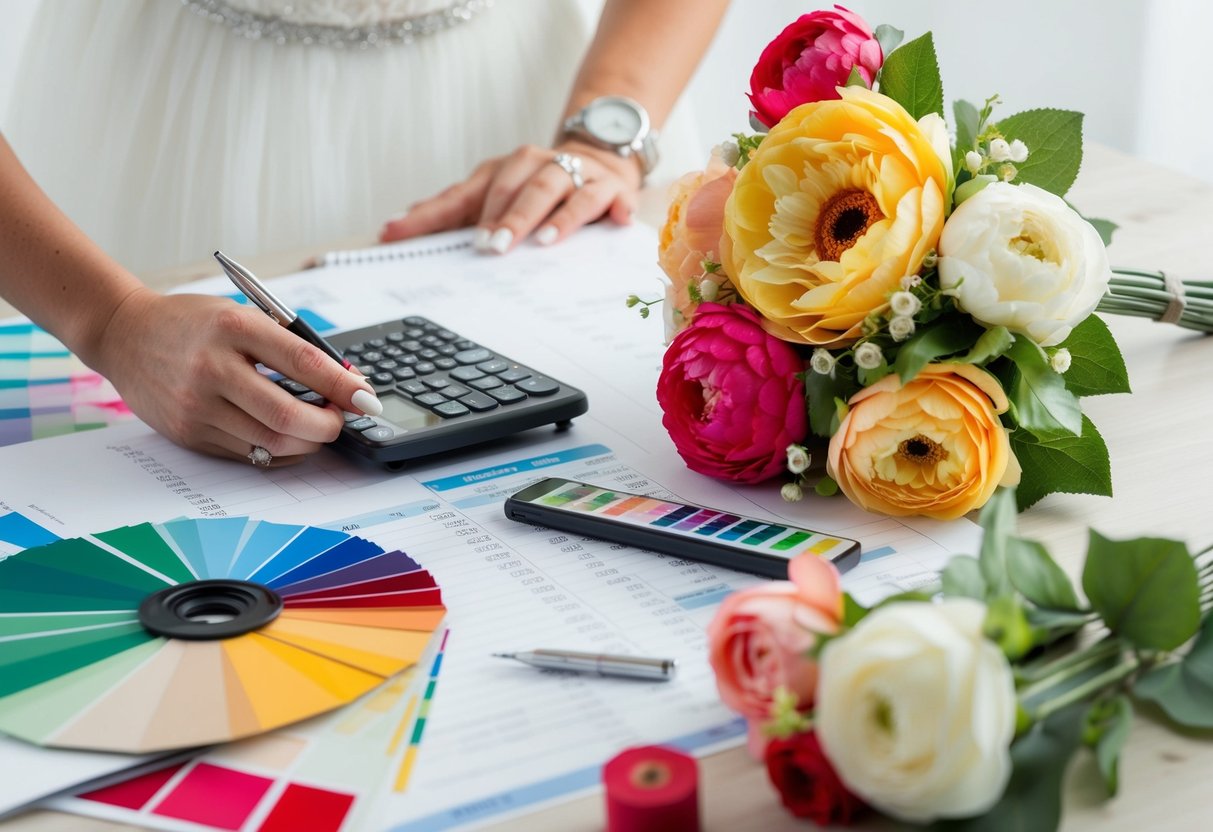 A bride-to-be carefully compares prices of artificial wedding flowers, surrounded by color swatches and budget spreadsheets