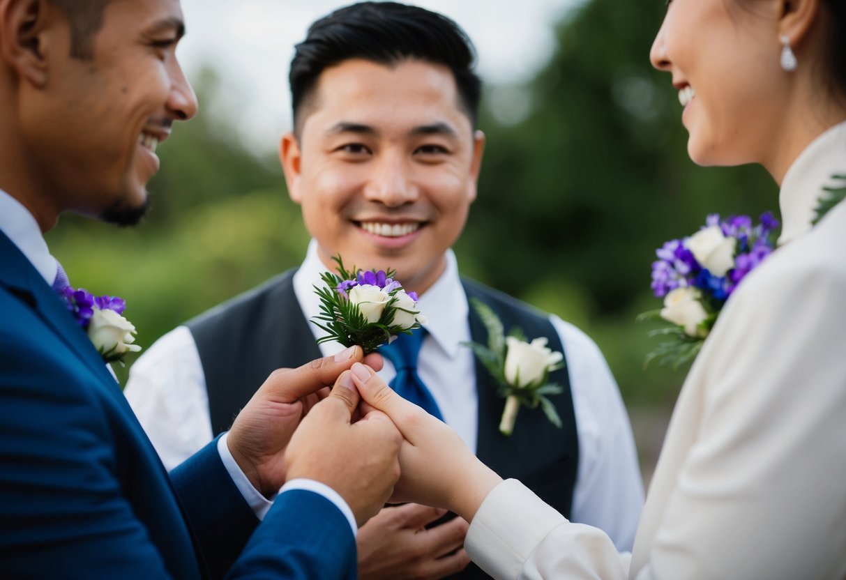 A person presenting a corsage to another person, with a smile on their face and a gesture of offering the corsage