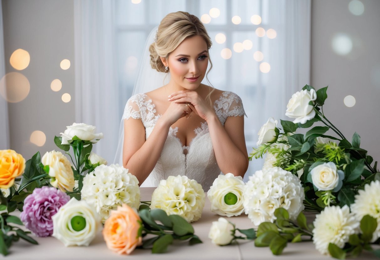 A bride surrounded by various options of fake wedding flowers, contemplating their cost and aesthetic appeal