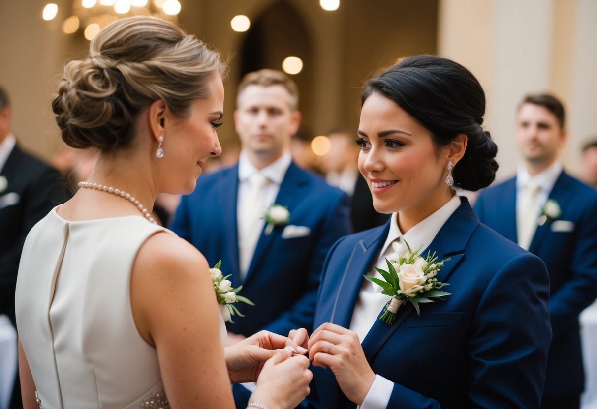 A woman presents a corsage to her date at a formal event, following proper etiquette