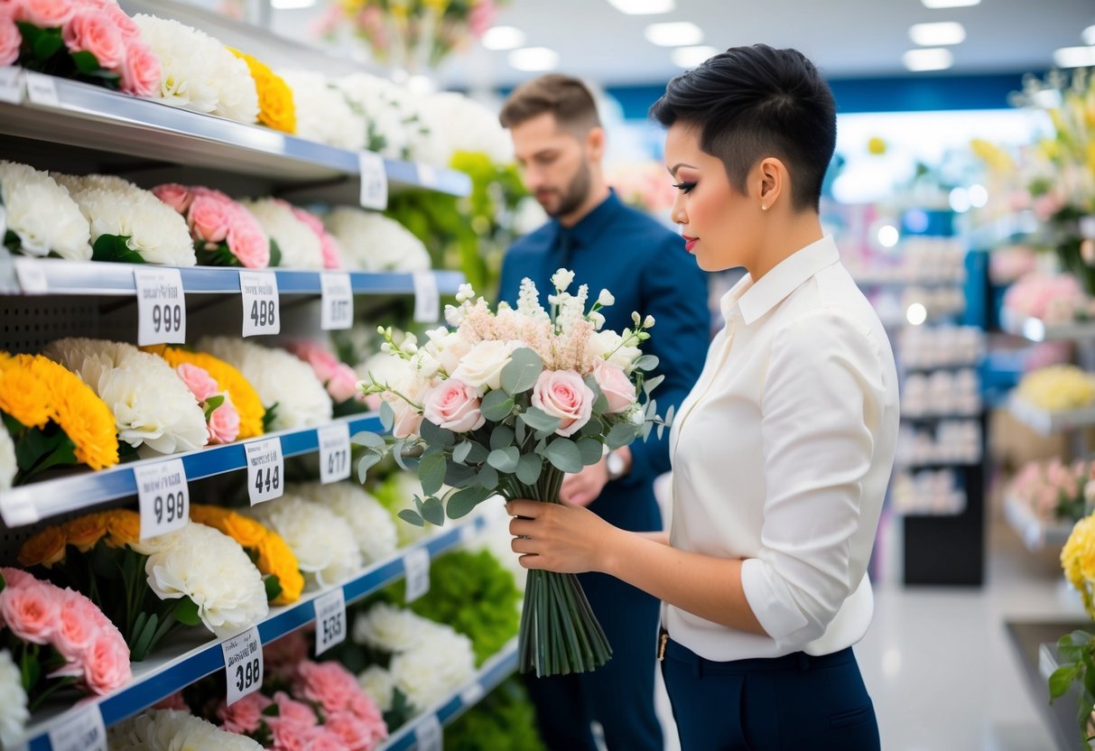 A person comparing prices of fake wedding flowers at a store, holding a bouquet and looking at price tags