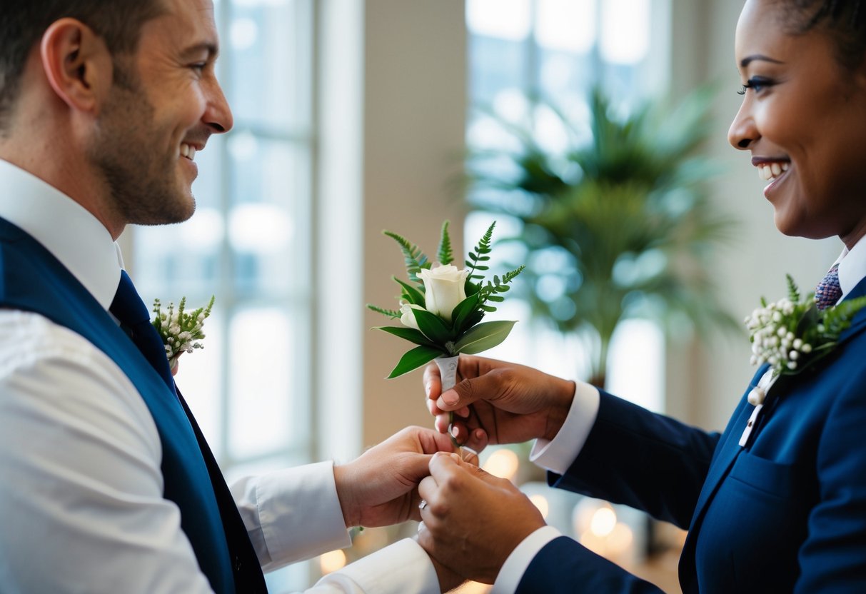 A person presenting a corsage to another with a smile, in a formal setting