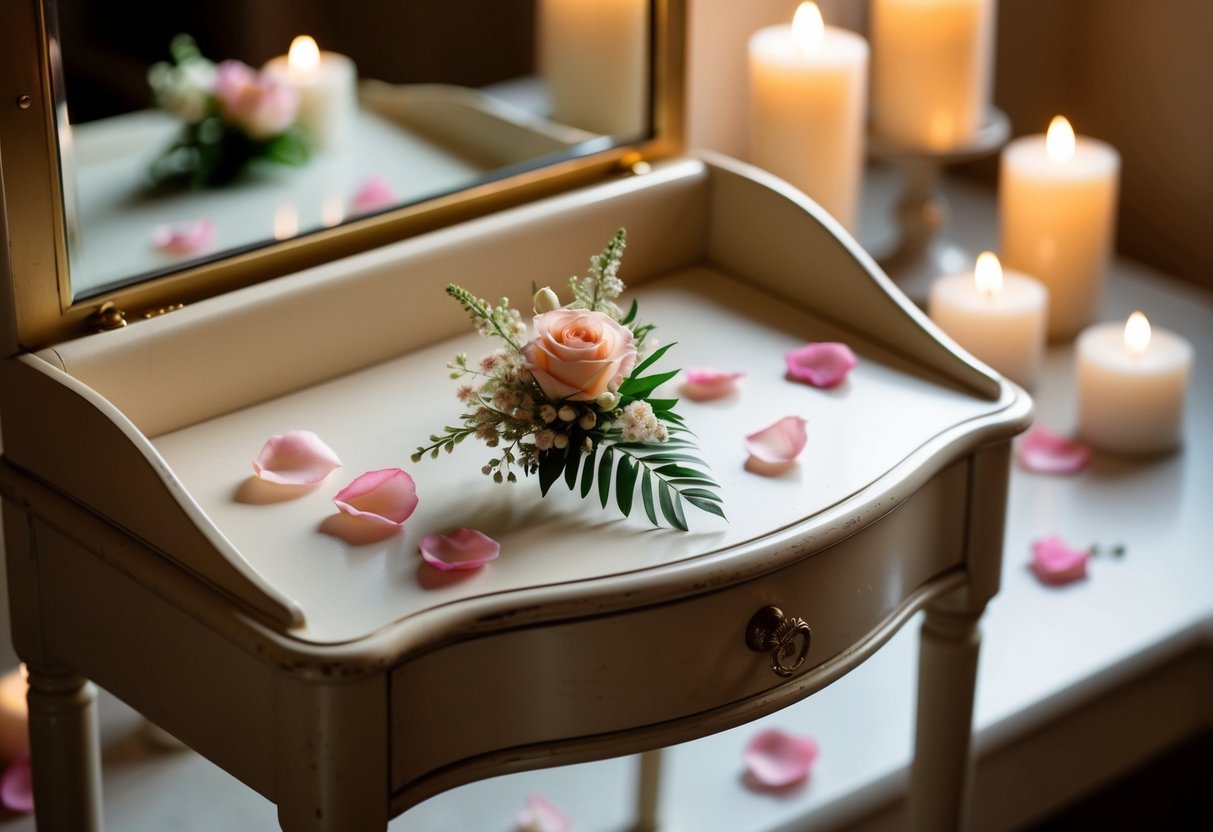 A delicate corsage placed on a vintage dressing table, surrounded by scattered rose petals and soft candlelight