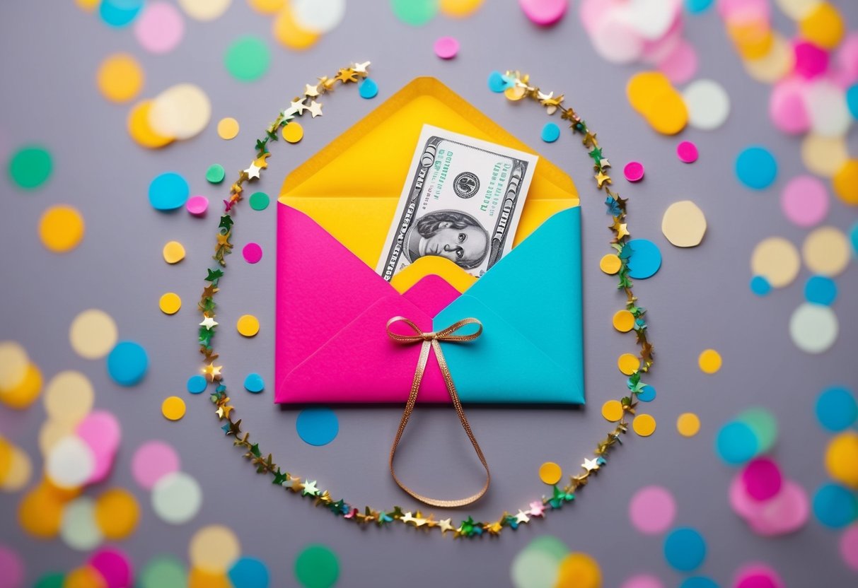 A colorful envelope with a crisp banknote peeking out, surrounded by festive confetti and a small decorative ribbon