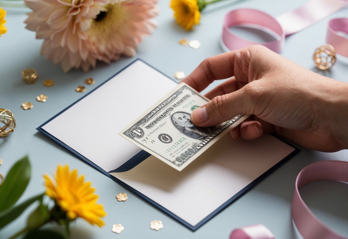 A hand placing money into a blank card, surrounded by decorative elements like flowers or ribbons