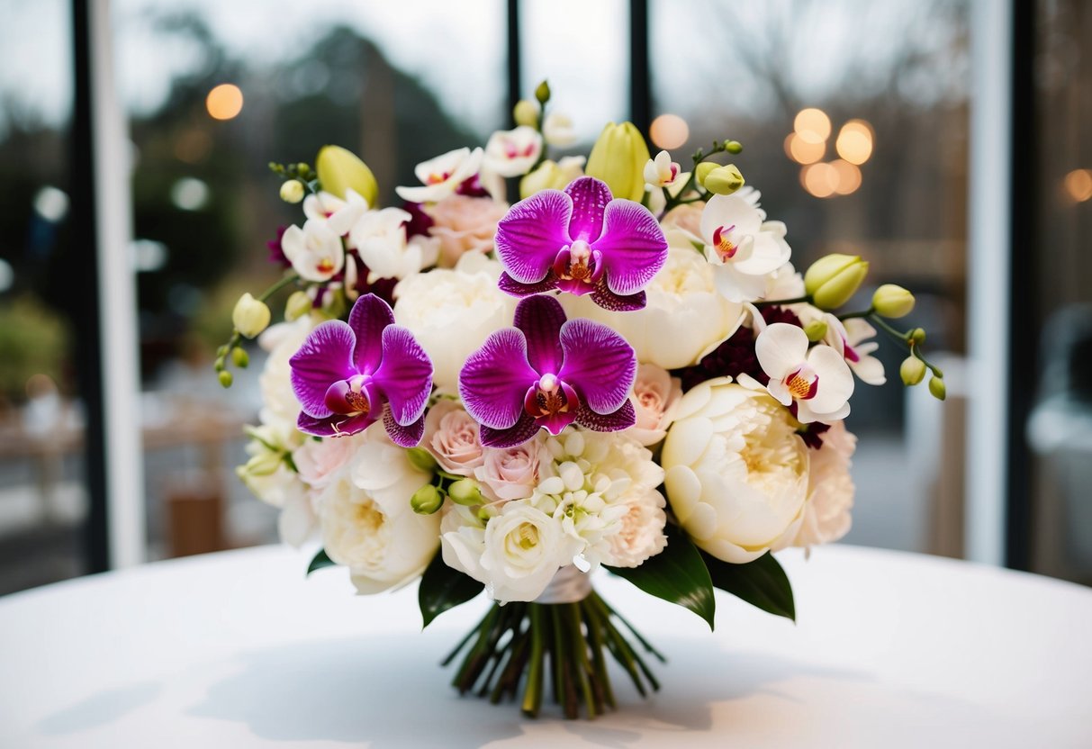 A lavish wedding bouquet featuring rare orchids and peonies