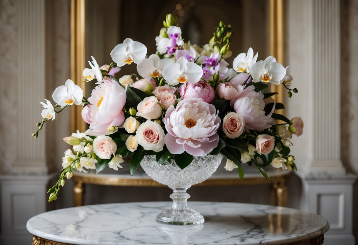 A lavish bouquet of peonies, orchids, and garden roses, arranged in a crystal vase on a grand marble table