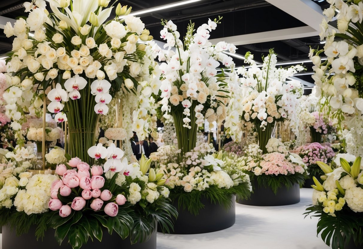 A lavish wedding flower market with extravagant blooms such as peonies, orchids, and lilies displayed in opulent arrangements