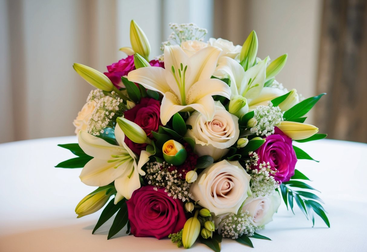 A bridal bouquet with a variety of flowers in different sizes and colors, including roses, lilies, and baby's breath, arranged in a graceful and elegant manner