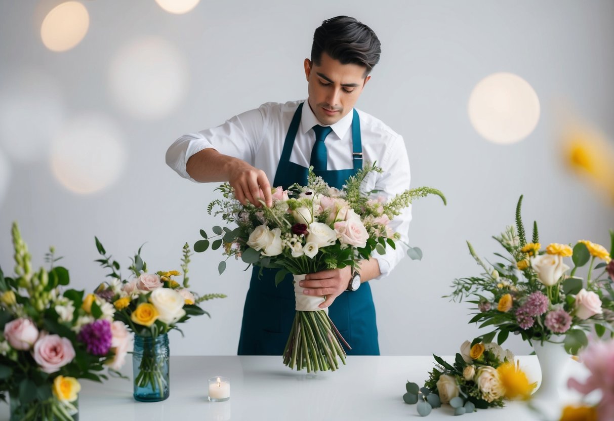 A professional florist arranging a bridal bouquet with a variety of flowers in a studio setting