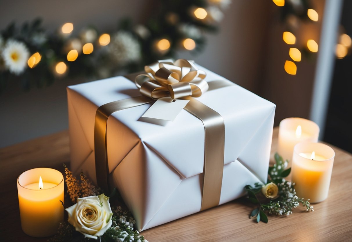 A wrapped wedding gift sits on a table, adorned with a bow and a tag. Flowers and candles surround it, creating an elegant and festive atmosphere