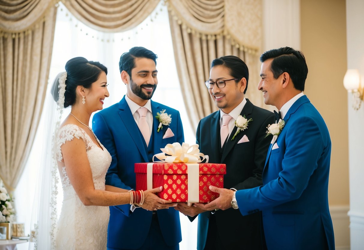 The groom's parents present a lavish wedding gift to the couple, symbolizing their support and love in the wedding celebration