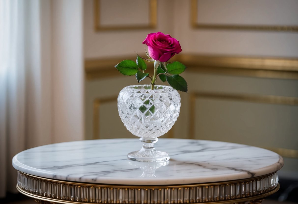 A single Juliet rose blooms atop a crystal vase on a grand marble table