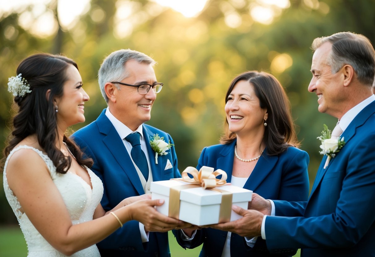 A couple's parents present them with a thoughtful wedding gift, symbolizing their support and love for the newlyweds