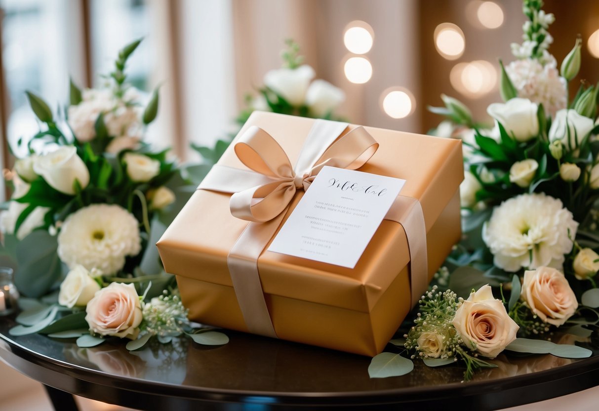 A beautifully wrapped gift box with elegant ribbon and a personalized card displayed on a table, surrounded by flowers and wedding decor