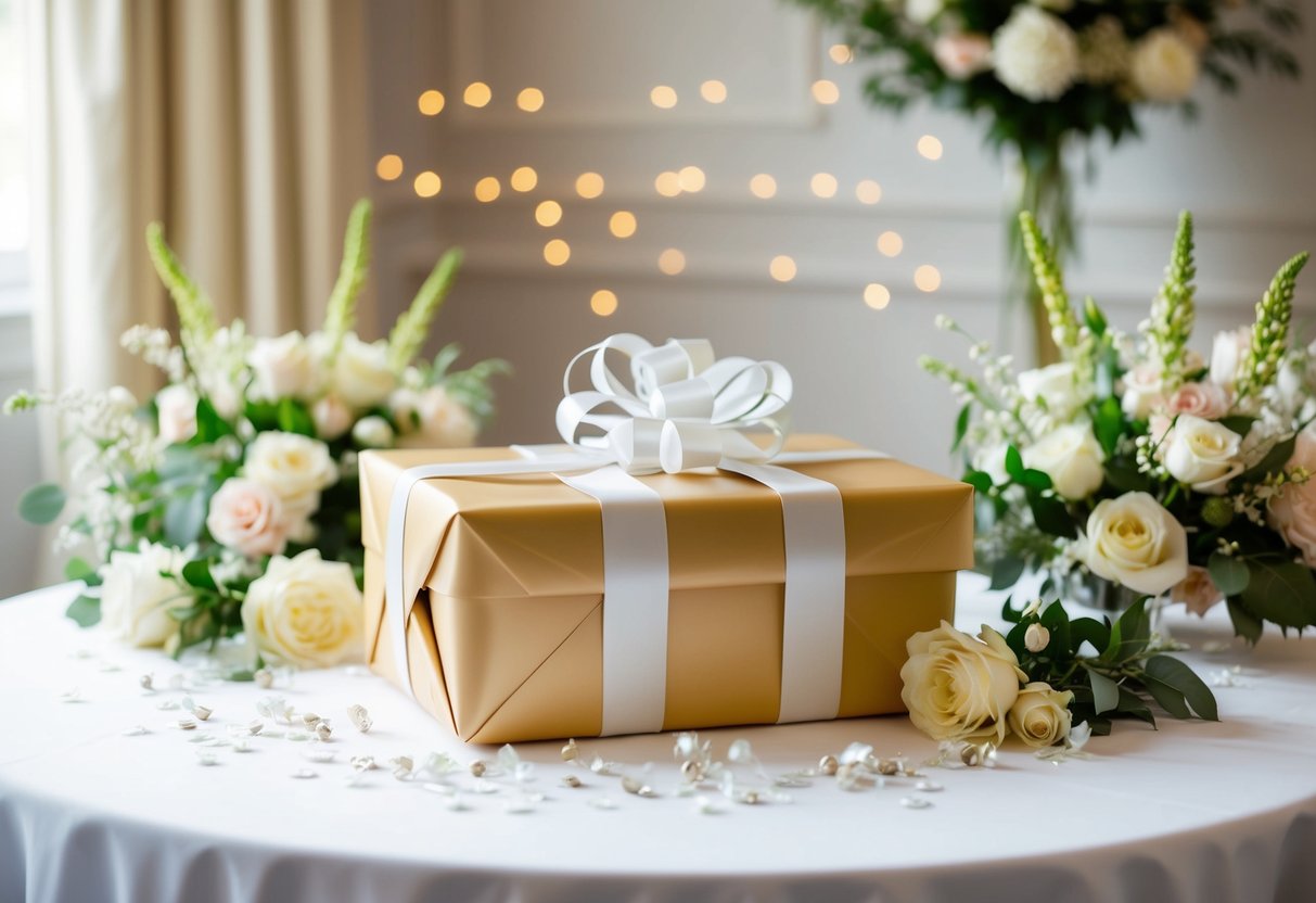 A beautifully wrapped wedding gift sits on a table, surrounded by elegant decorations and flowers