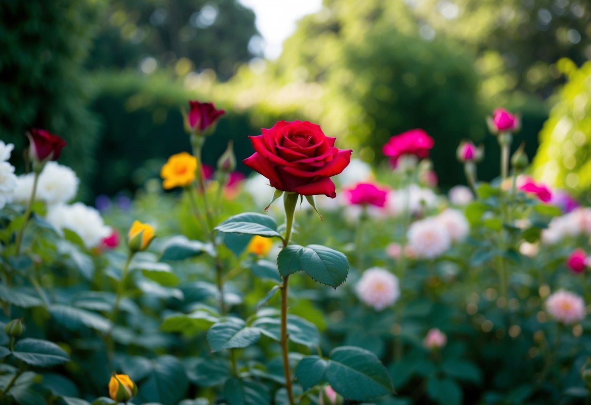 A lush garden with a single Juliet rose standing out among other flowers, symbolizing its cultural significance and value