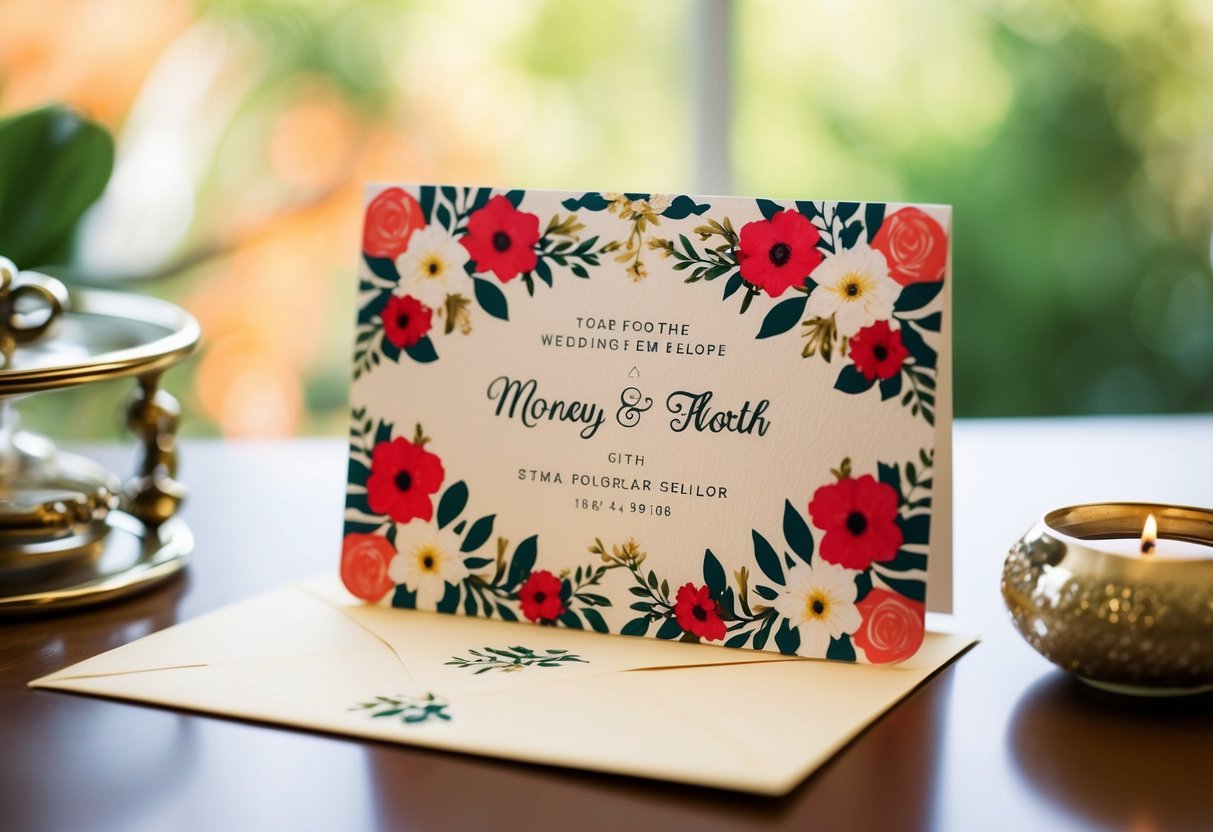 A decorative wedding gift card with money envelope and floral design