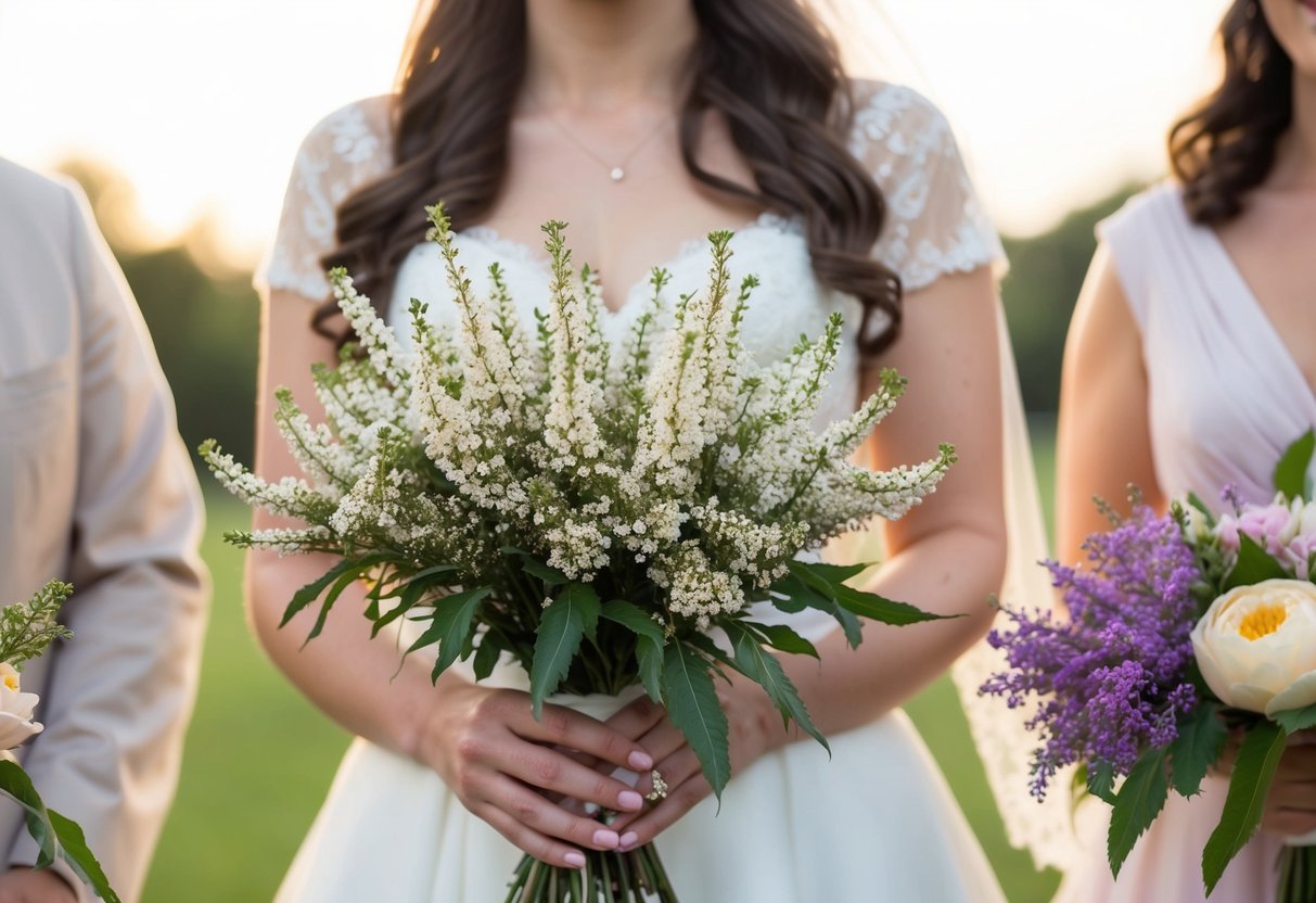 A bride holding a bouquet of white heather, a traditional symbol of good luck for weddings, with other flowers in soft pastel colors