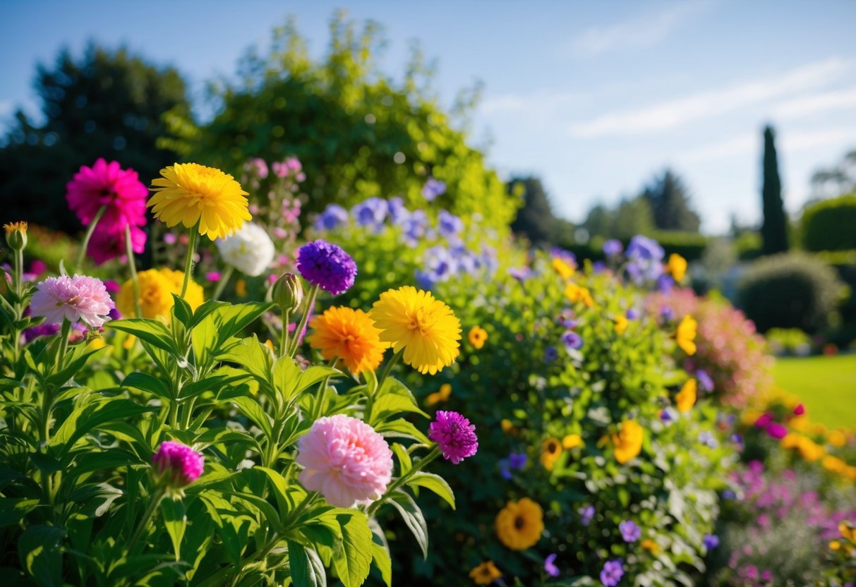 A sunlit garden with a variety of vibrant, blooming flowers, surrounded by lush greenery and a clear blue sky