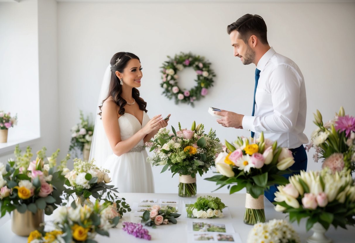 A bride and a florist discussing flower options for a wedding, surrounded by various floral arrangements and samples