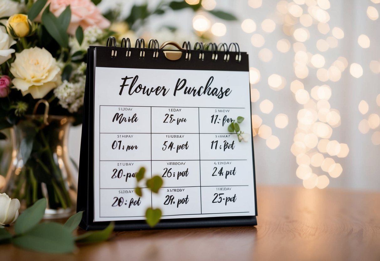 A calendar with dates marked for flower purchases leading up to a wedding day