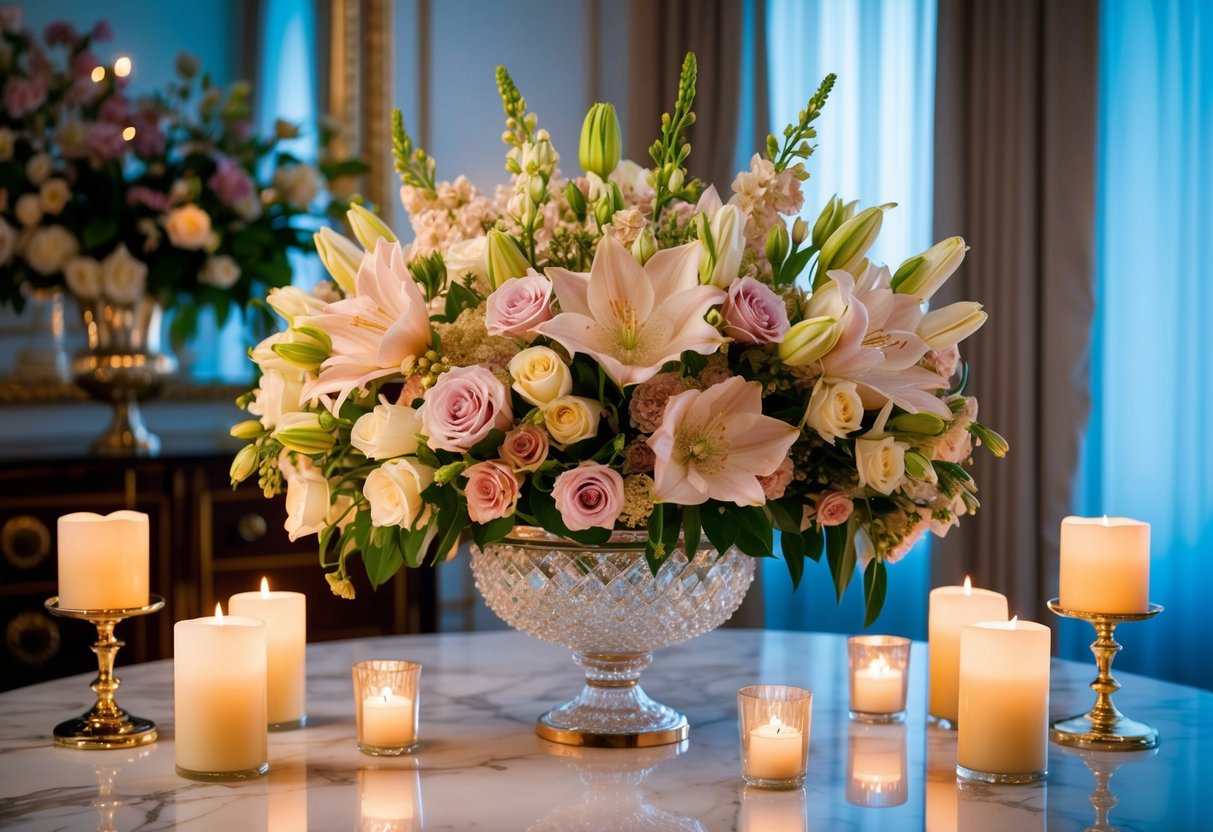 A luxurious bouquet of high-end flowers arranged in an ornate crystal vase on a marble table, surrounded by soft candlelight and elegant decor