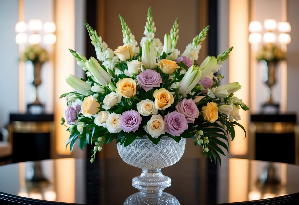 A lavish bouquet of high-end flowers arranged in an ornate crystal vase, set against a backdrop of opulent decor and soft, ambient lighting