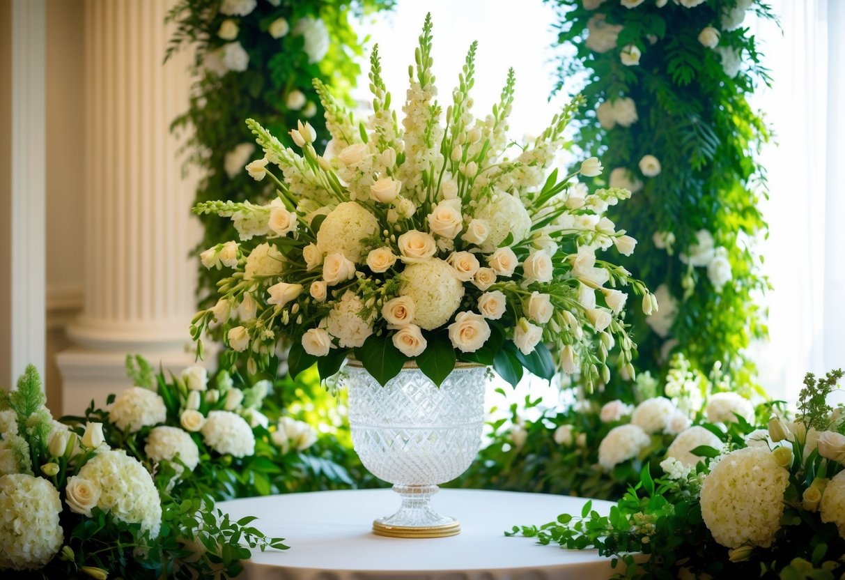 A grand, opulent bouquet of high-end flowers arranged in an ornate crystal vase, surrounded by lush greenery and softly lit by natural sunlight