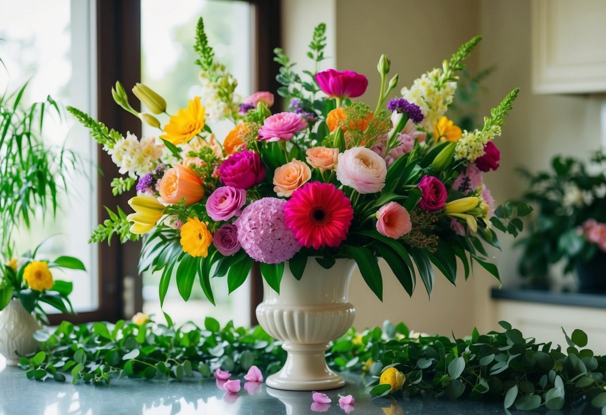 A colorful assortment of fresh flowers arranged in an elegant vase on a counter, surrounded by lush greenery and delicate petals