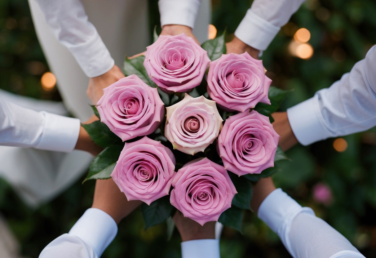 A six rose bouquet arranged in a circular pattern, symbolizing love, admiration, and appreciation