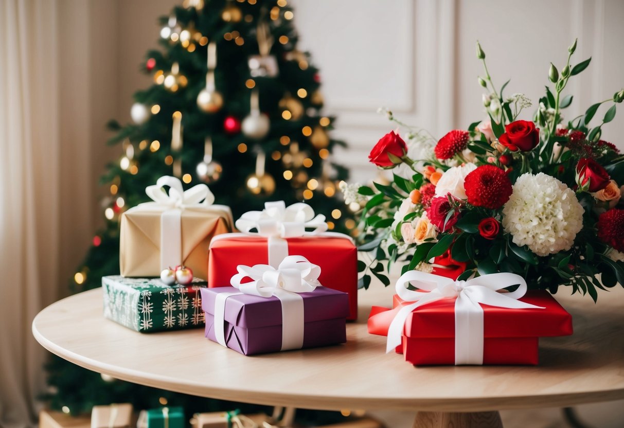 A beautifully decorated table with wrapped presents and floral arrangements