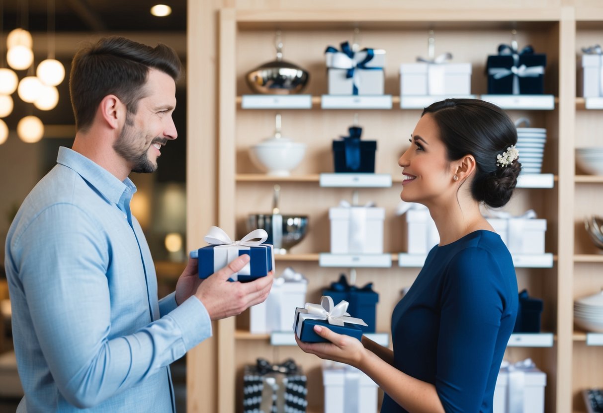 A couple stands in front of a wall of wedding registry items, debating whether to add gifts to their list