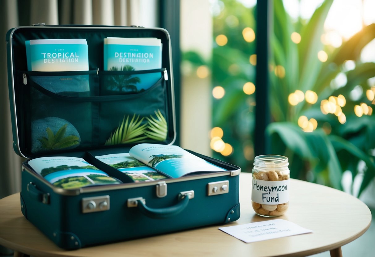 A couple's suitcase open with tropical destination brochures and a jar labeled "Honeymoon Fund" on a table with a note asking for contributions