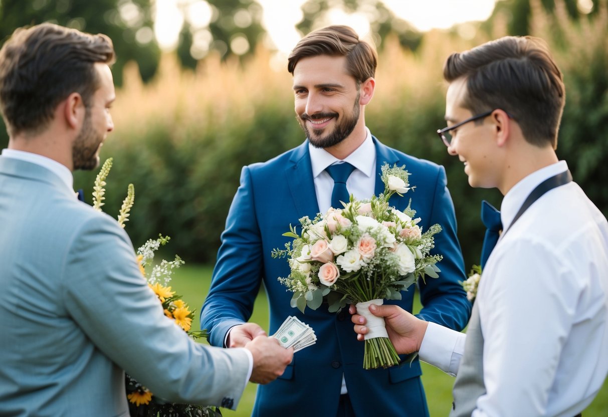 The groom holding a bouquet of flowers, handing over cash to a florist