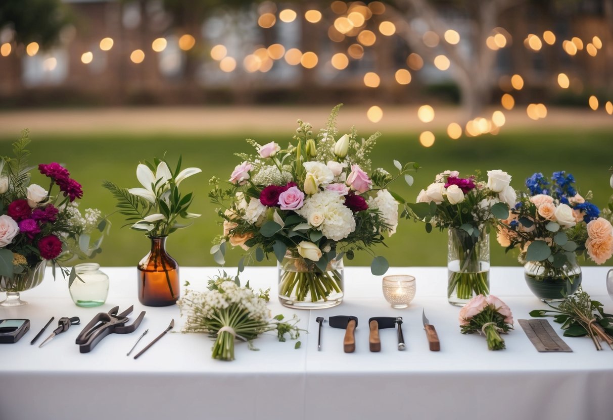 A table with various flowers, vases, and tools laid out for creating wedding arrangements