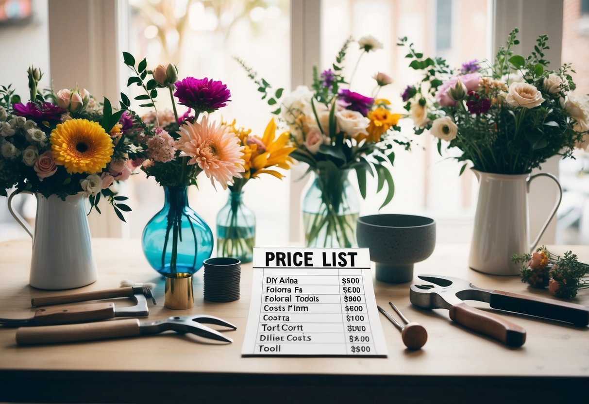 A table with various flowers, vases, and tools. A price list showing DIY and florist costs