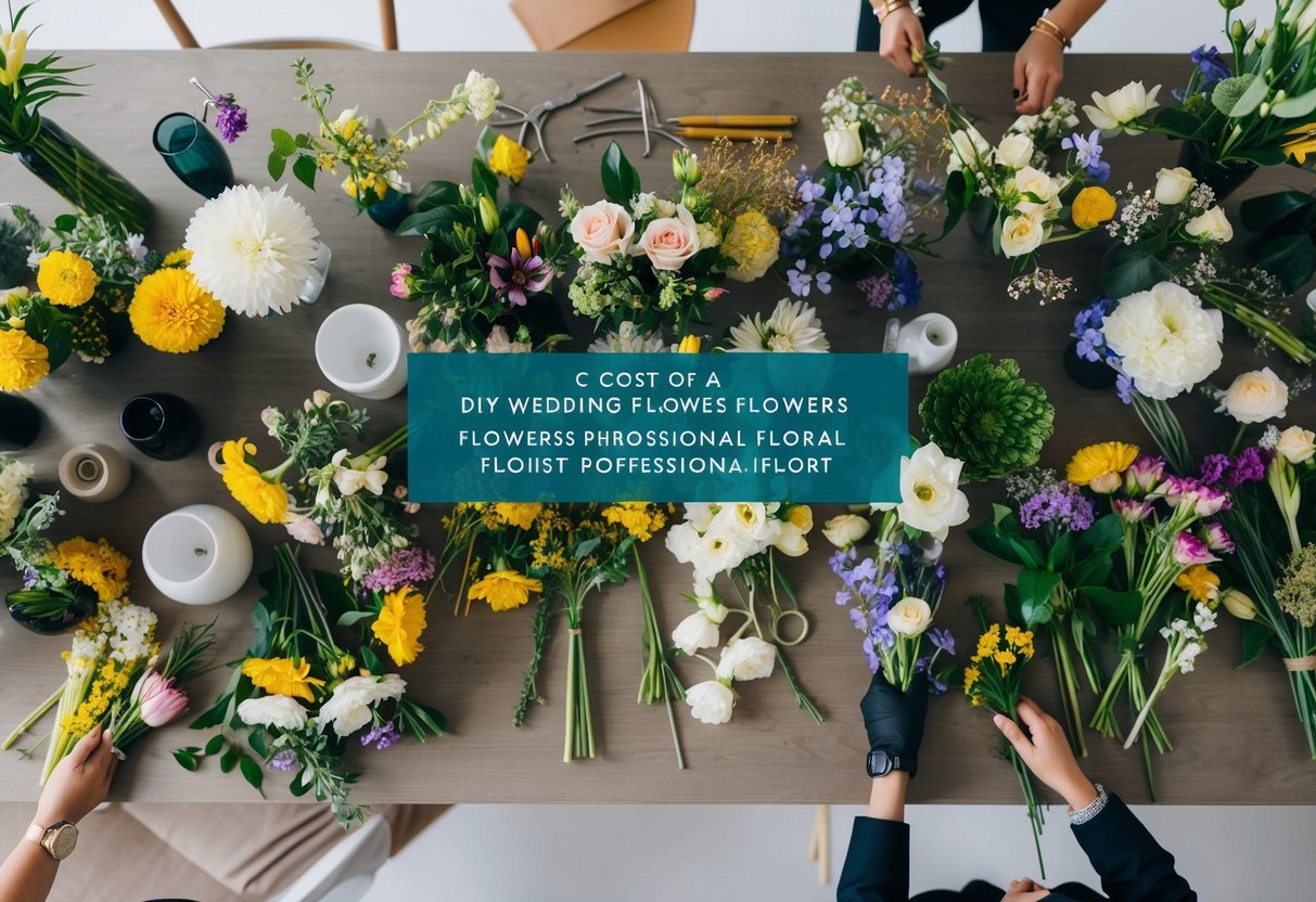 A table scattered with various types of flowers, vases, and floral arranging tools. A price comparison chart showing the cost of DIY wedding flowers versus hiring a professional florist