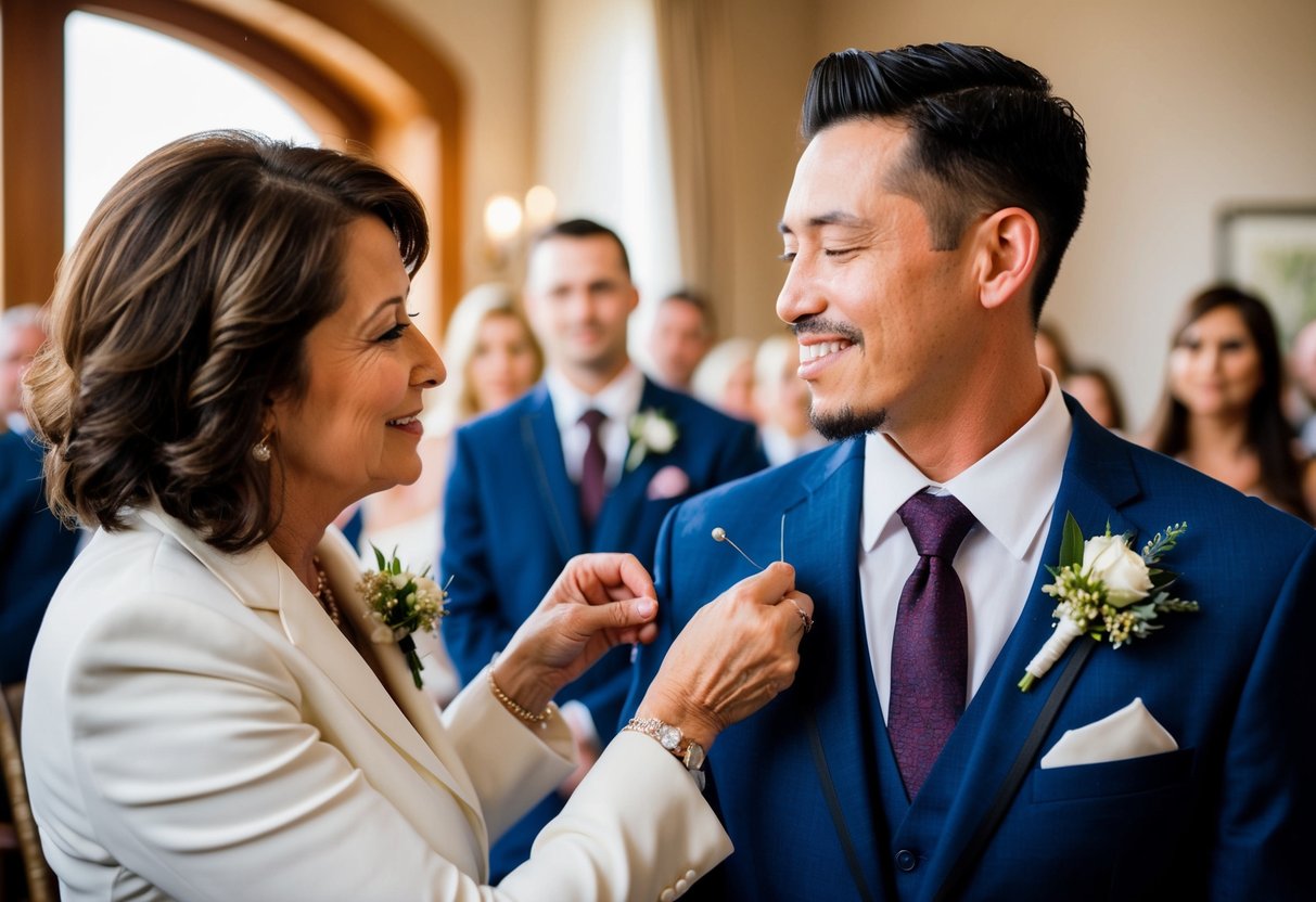A mother lovingly pins a boutonniere onto her son's suit jacket as they both share a tender moment before his wedding ceremony